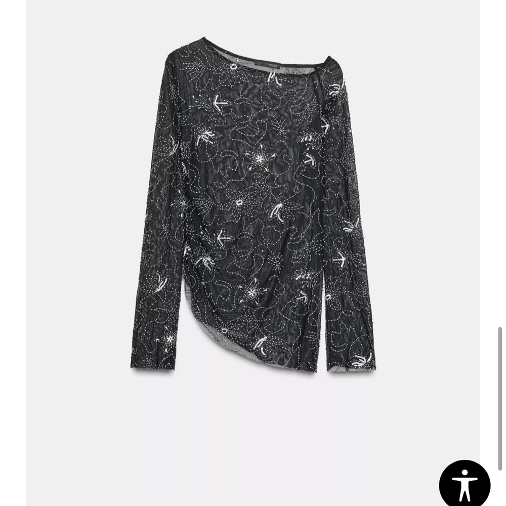 Zara Draped Sheer Beaded Sequin Tulle Asymmetrical Top